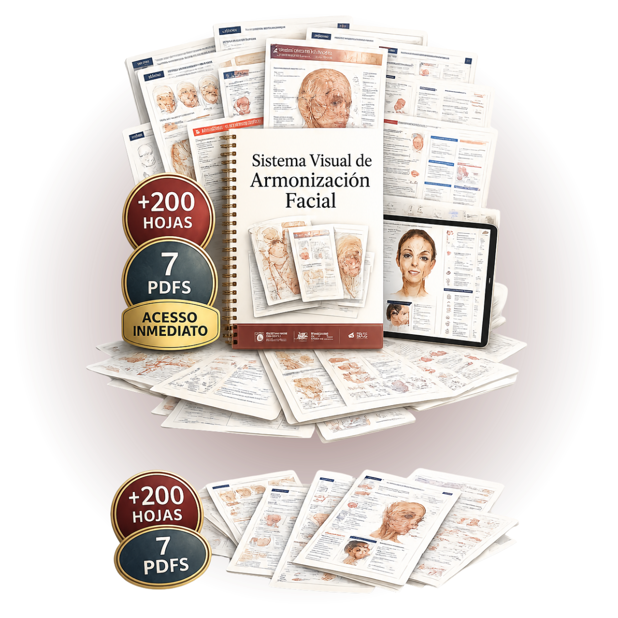 Sistema Visual de Armonización Facial — mockup con cuaderno, tablets y hojas visuales